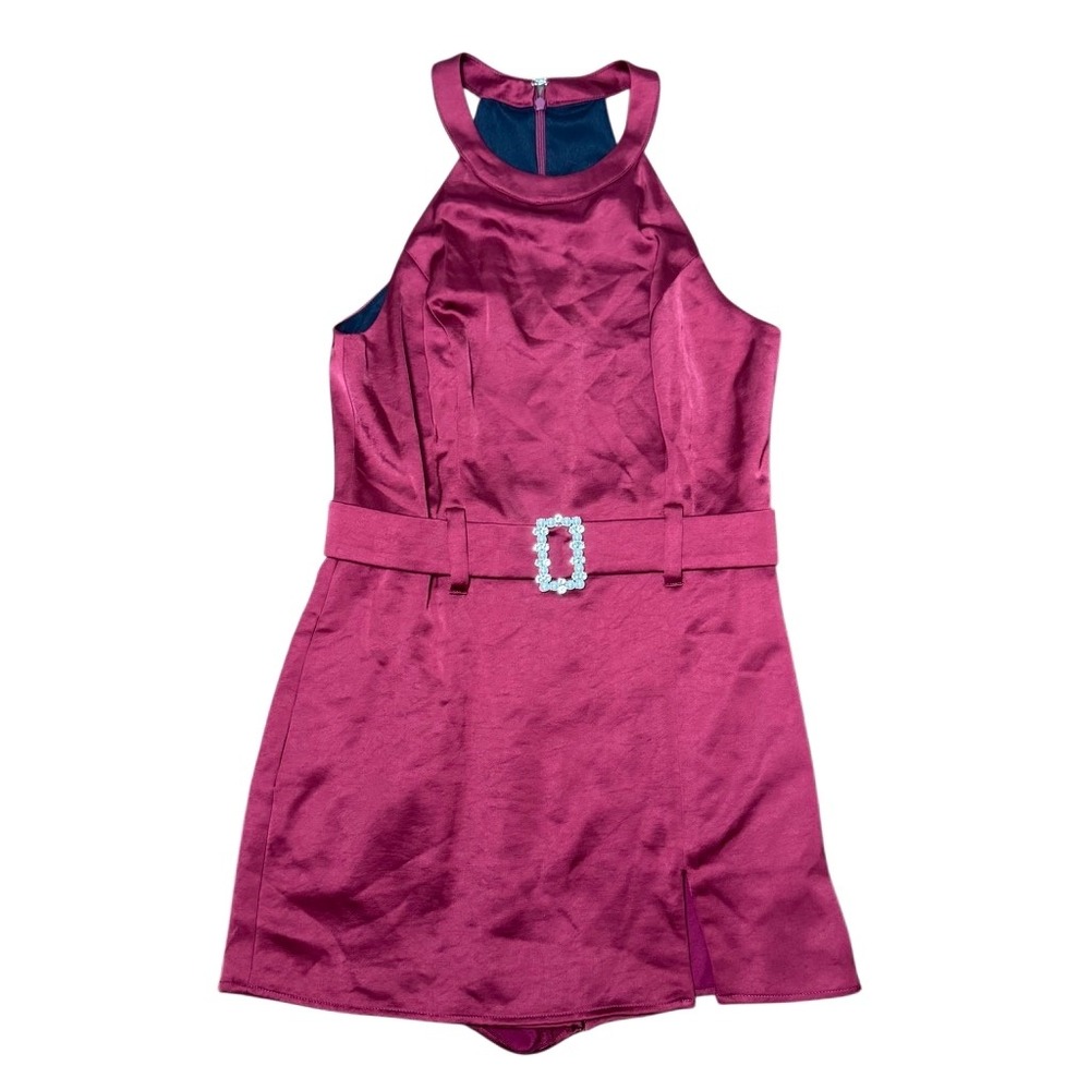 Lavender Brown Romper Halter Neck Belted Rhinestone Buckle Burgundy Small NWT